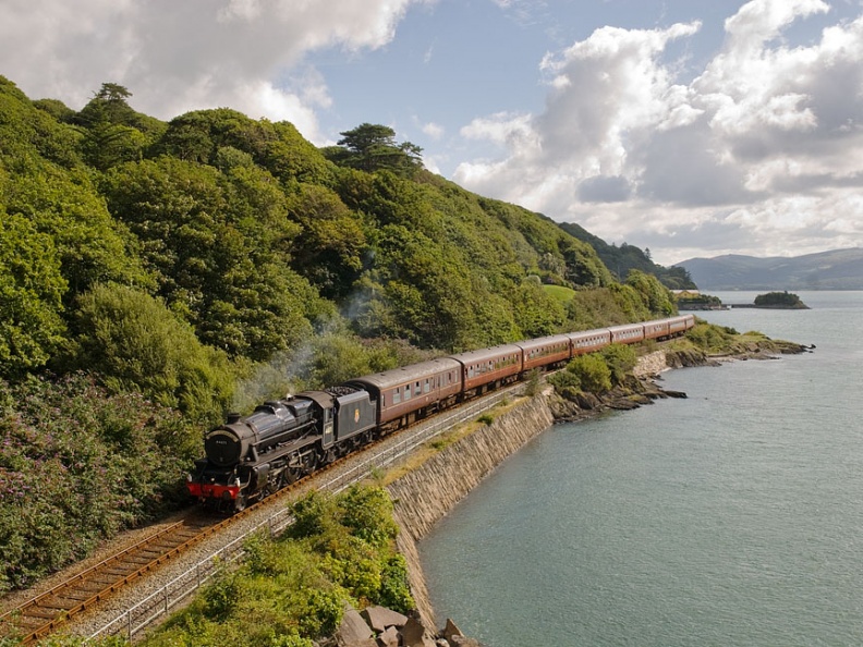 LMS Class 5MT 4-6-0 no. 44871 passes Picnic Island with WCRC's 1J77 “The Cambrian” 10.05 Machynlleth to Pwllheli. The locomotive is carrying the cast "The Cambrian" headboard. flickr-welsh snapper-4883589422.jpg