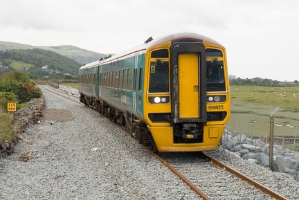 158825 arriving at the new Llandecwyn halt with the 2J03 08:57 Machynlleth to Pwllheli
