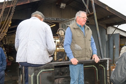 Quarry Hunslet “Winifred” at Llanuwchllyn with her former driver at Penrhyn quarry, Emrys Owen