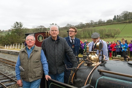 Emrys Owen, Pete Waterman, Rob Houghton, and Roger Hine arrive at Llanuwchllyn on Quarry Hunslet “Winifred”